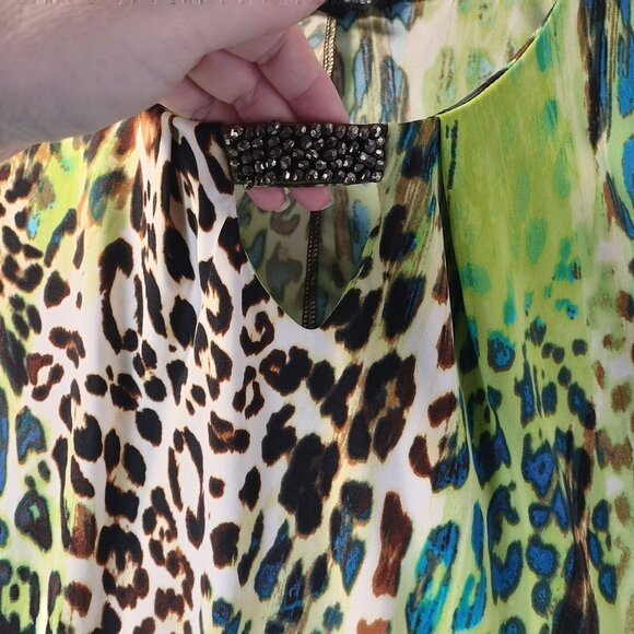 Zac & Rachel Womens Sleeveless TankTop L Green Blue Animal Print Beaded Hem Boho - Picture 4 of 11